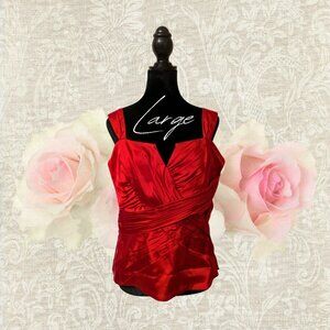 Calvin Klein Red Satin Ruched Evening Top Size Large Elegant Formal Blouse